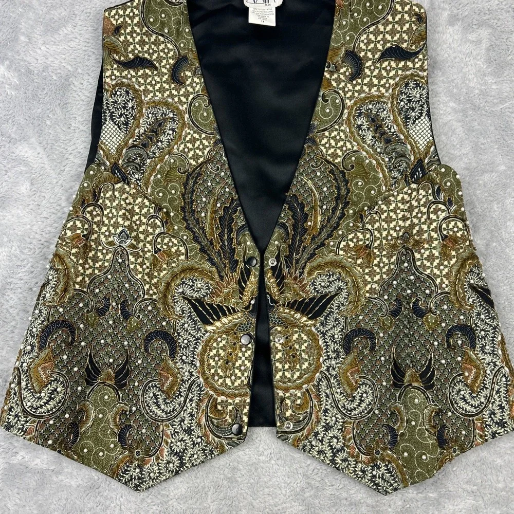 Vtg Dalin Waistcoat Vest Plus Sz 1X Beads Pearls Gold Black Olive Paisley Floral - Picture 7 of 9
